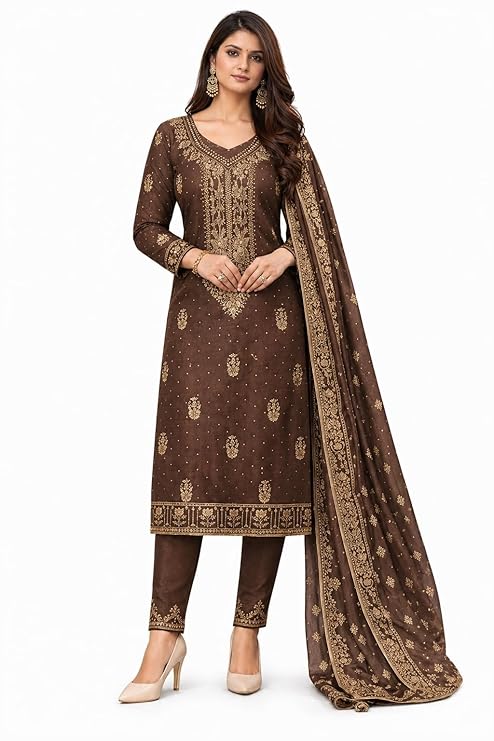 Women’s Jam Silk Dress Material Set | Unstitched Salwar Suit with Dupatta | Top 2m Bottom 2.5m Dupatta 2m | Ethnic Kurta Suit Fabric for Women | Free Size