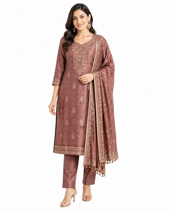 Women’s Silk Dress Material Set | Unstitched Salwar Suit with Dupatta | Top 2m Bottom 2m Dupatta 1.6m | Designer Ethnic Wear for Women | Free Size