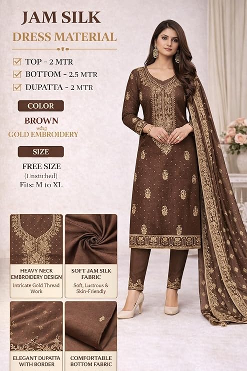 Women’s Jam Silk Dress Material Set | Unstitched Salwar Suit with Dupatta | Top 2m Bottom 2.5m Dupatta 2m | Ethnic Kurta Suit Fabric for Women | Free Size