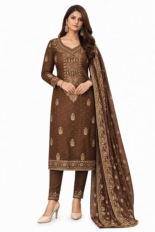 Women’s Jam Silk Dress Material Set | Unstitched Salwar Suit with Dupatta | Top 2m Bottom 2.5m Dupatta 2m | Ethnic Kurta Suit Fabric for Women | Free Size