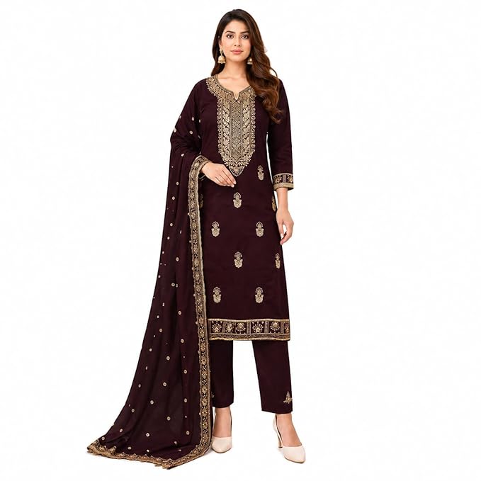 Women’s Unstitched Cotton Salwar Suit Dress Material with Dupatta | Embroidered Free Size Suit Set