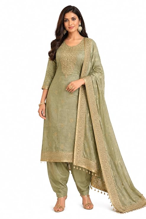 Women’s Silk Dress Material Set | Unstitched Salwar Suit with Dupatta | Top 2m Bottom 2m Dupatta 1.6m | Designer Ethnic Wear for Women | Free Size