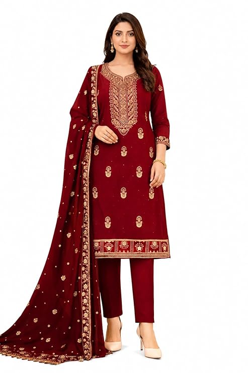 Women’s Unstitched Cotton Salwar Suit Dress Material with Dupatta | Embroidered Free Size Suit Set