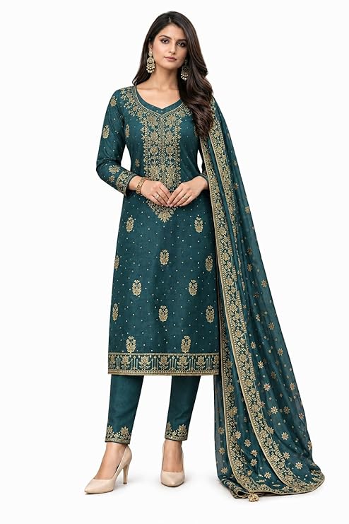 Women’s Jam Silk Dress Material Set | Unstitched Salwar Suit with Dupatta | Top 2m Bottom 2.5m Dupatta 2m | Ethnic Kurta Suit Fabric for Women | Free Size