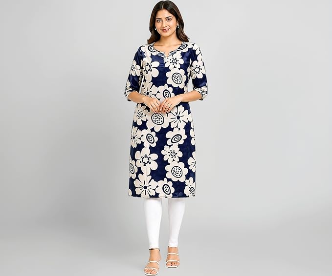 Women’s Pure Cotton Printed Kurti | Navy Blue Floral Design | Knee Length Kurta for Women | Round Neck 3/4 Sleeve Casual & Office Wear | Regular Fit | L & XL