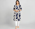 Women’s Pure Cotton Printed Kurti | Navy Blue Floral Design | Knee Length Kurta for Women | Round Neck 3/4 Sleeve Casual & Office Wear | Regular Fit | L & XL