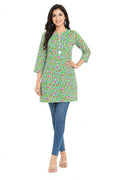 Women's Floral Printed Kurti, Parrot Green, Rayon, 3/4 Sleeve, Straight Hemline, Tassel Neck, Casual Wear