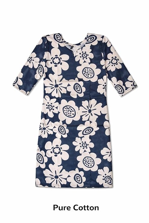 Women’s Pure Cotton Printed Kurti | Navy Blue Floral Design | Knee Length Kurta for Women | Round Neck 3/4 Sleeve Casual & Office Wear | Regular Fit | L & XL