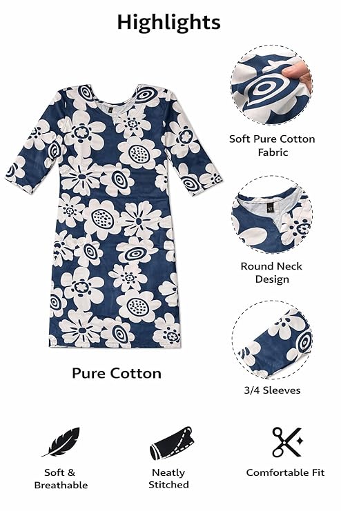 Women’s Pure Cotton Printed Kurti | Navy Blue Floral Design | Knee Length Kurta for Women | Round Neck 3/4 Sleeve Casual & Office Wear | Regular Fit | L & XL
