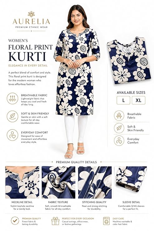 Women’s Pure Cotton Printed Kurti | Navy Blue Floral Design | Knee Length Kurta for Women | Round Neck 3/4 Sleeve Casual & Office Wear | Regular Fit | L & XL