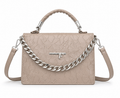 Structured Leatherette Handbag, Champagne Beige, Medium, Chain Strap, Top Handle Crossbody.