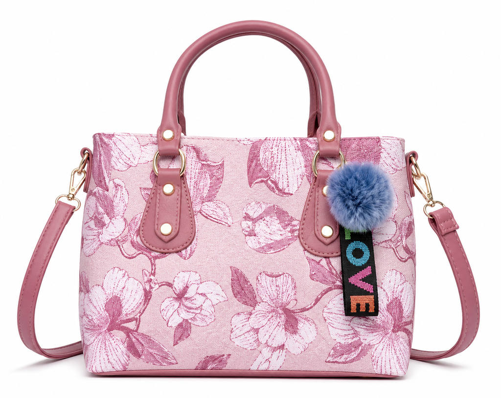 Floral Print Handbag, Pink, Leatherette, Medium, with Pom-Pom Charm, Top Handle Crossbody Purse for Office, Casual & Party Use
