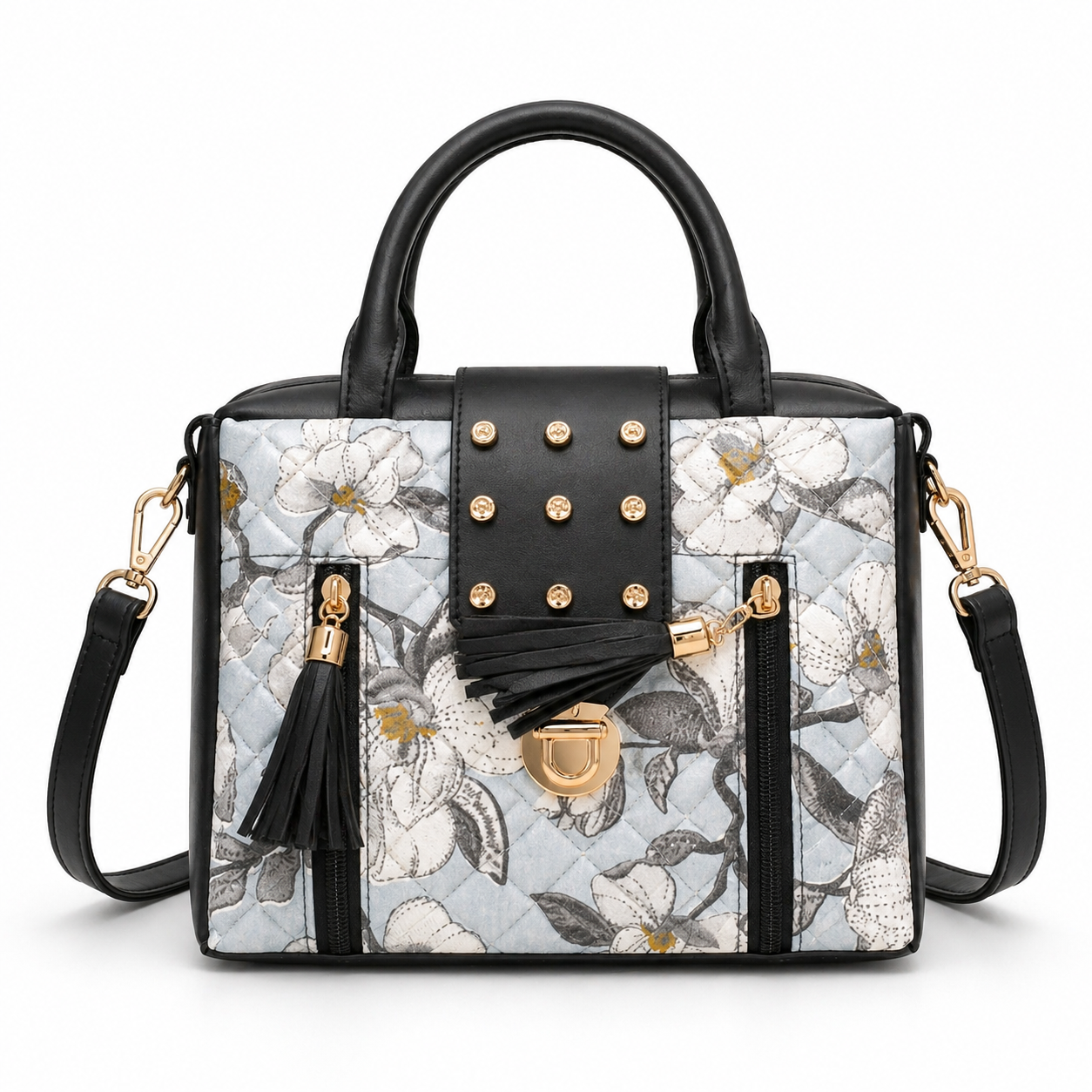 Floral Printed Quilted Leatherette Handbag, Black & Grey, with Tassel & Stud Embellishment, Crossbody Sling Bag for Office, Party & Daily Use