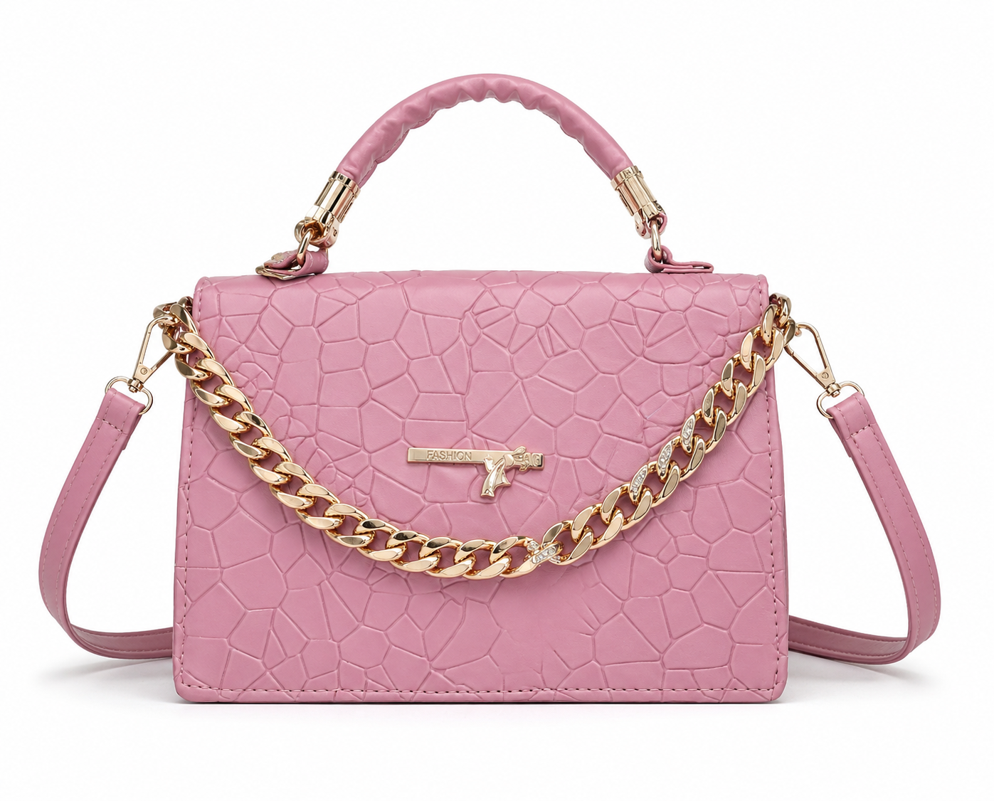 Women's Pink Leatherette Handbag with Gold Chain, Top Handle Crossbody Sling Bag, Multiple Pockets, Medium