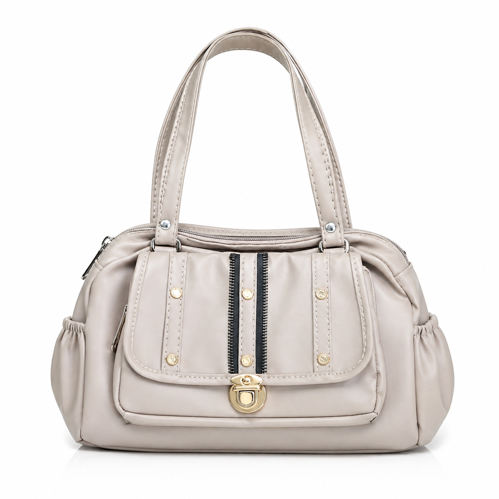 Women's Handbag, Champagne Beige, Soft Leatherette, Multiple Pockets, Stylish Satchel for Office, Travel & Casual Use
