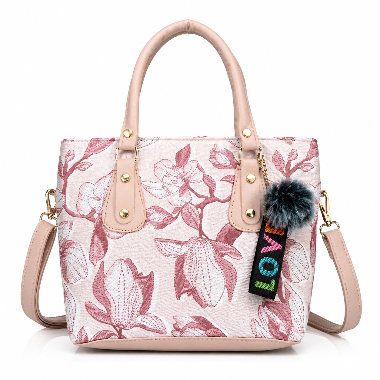 Floral Print Handbag, Pink, Leatherette, Medium, with Sling Strap, Pom-Pom Charm, Multiple Pockets, Casual & Office Use