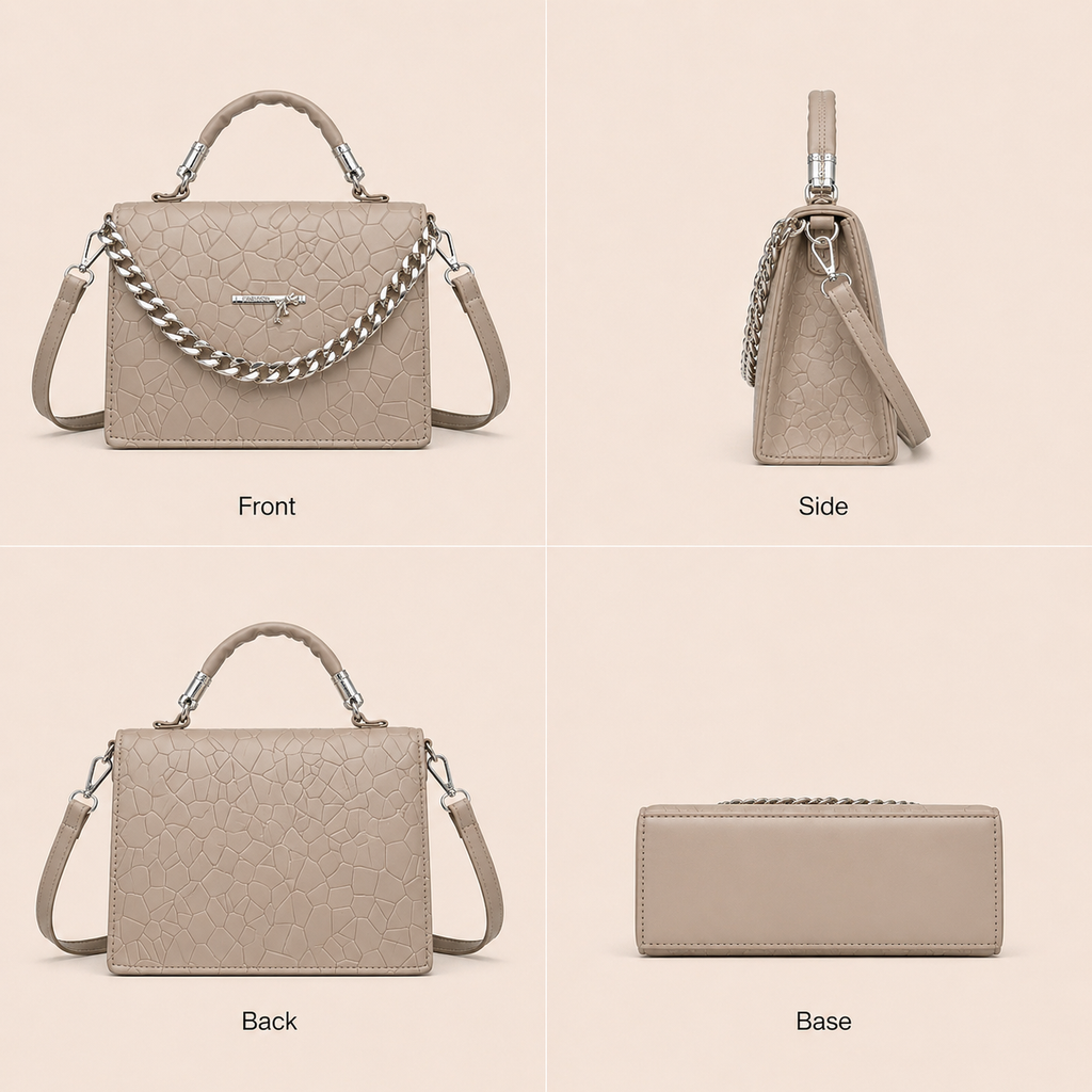 Structured Leatherette Handbag, Champagne Beige, Medium, Chain Strap, Top Handle Crossbody.