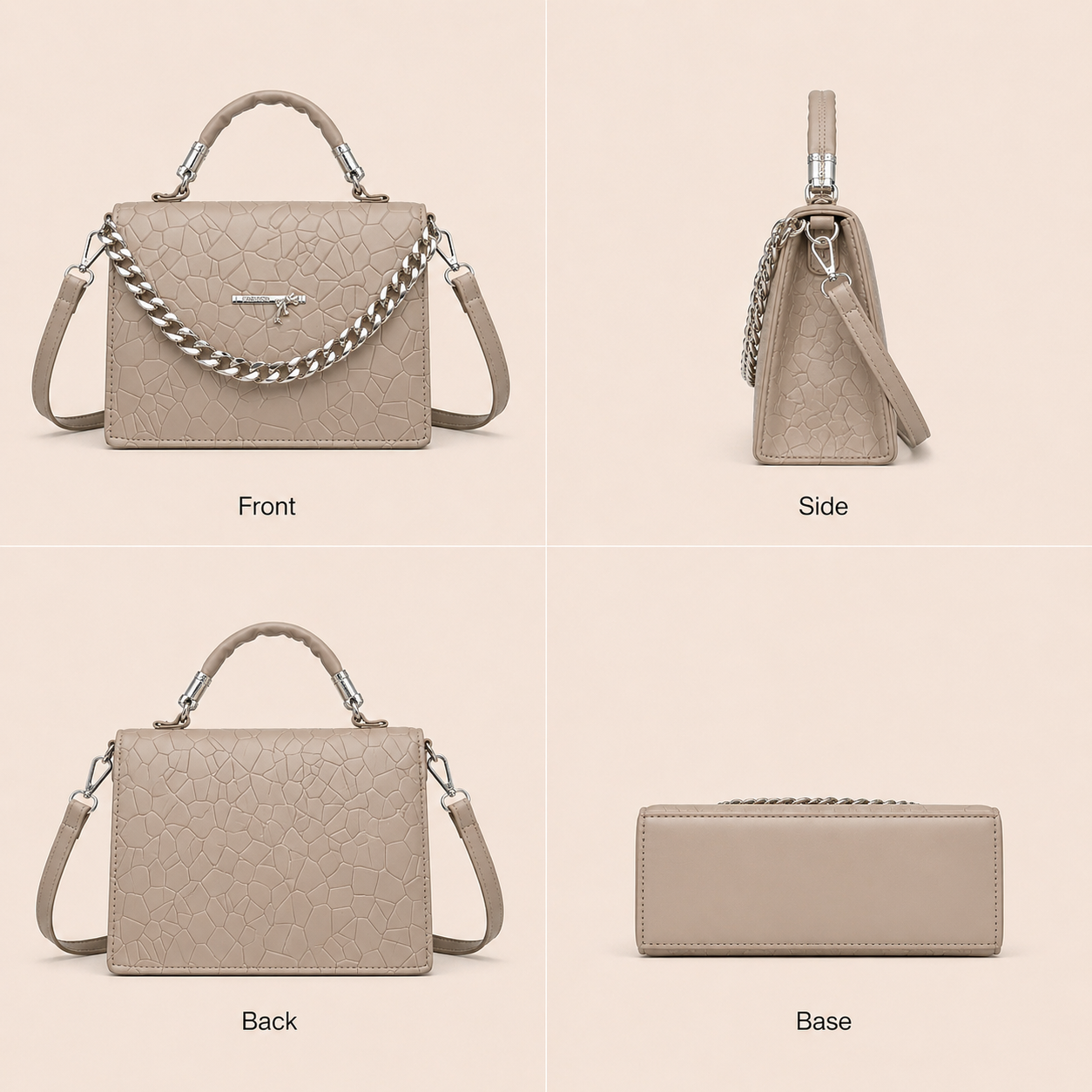 Structured Leatherette Handbag, Champagne Beige, Medium, Chain Strap, Top Handle Crossbody.