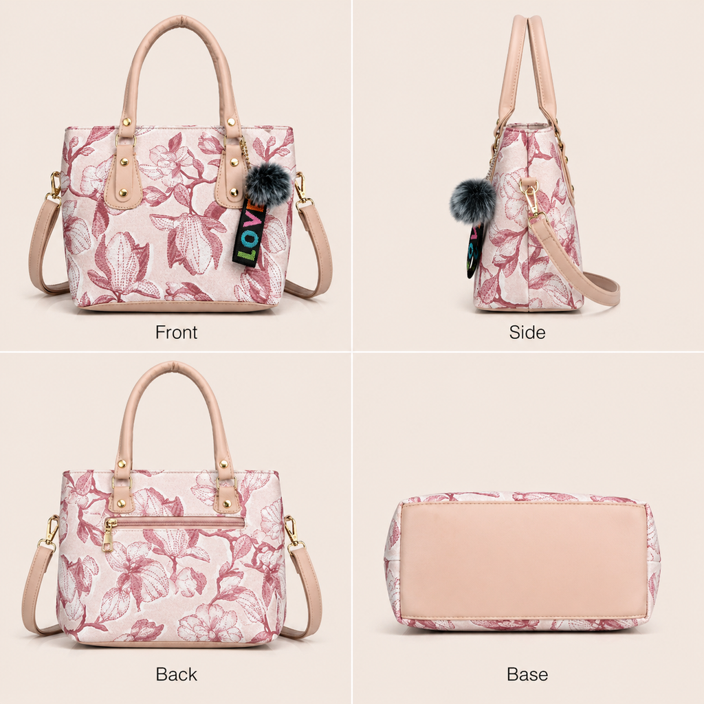Floral Print Handbag, Pink, Leatherette, Medium, with Sling Strap, Pom-Pom Charm, Multiple Pockets, Casual & Office Use