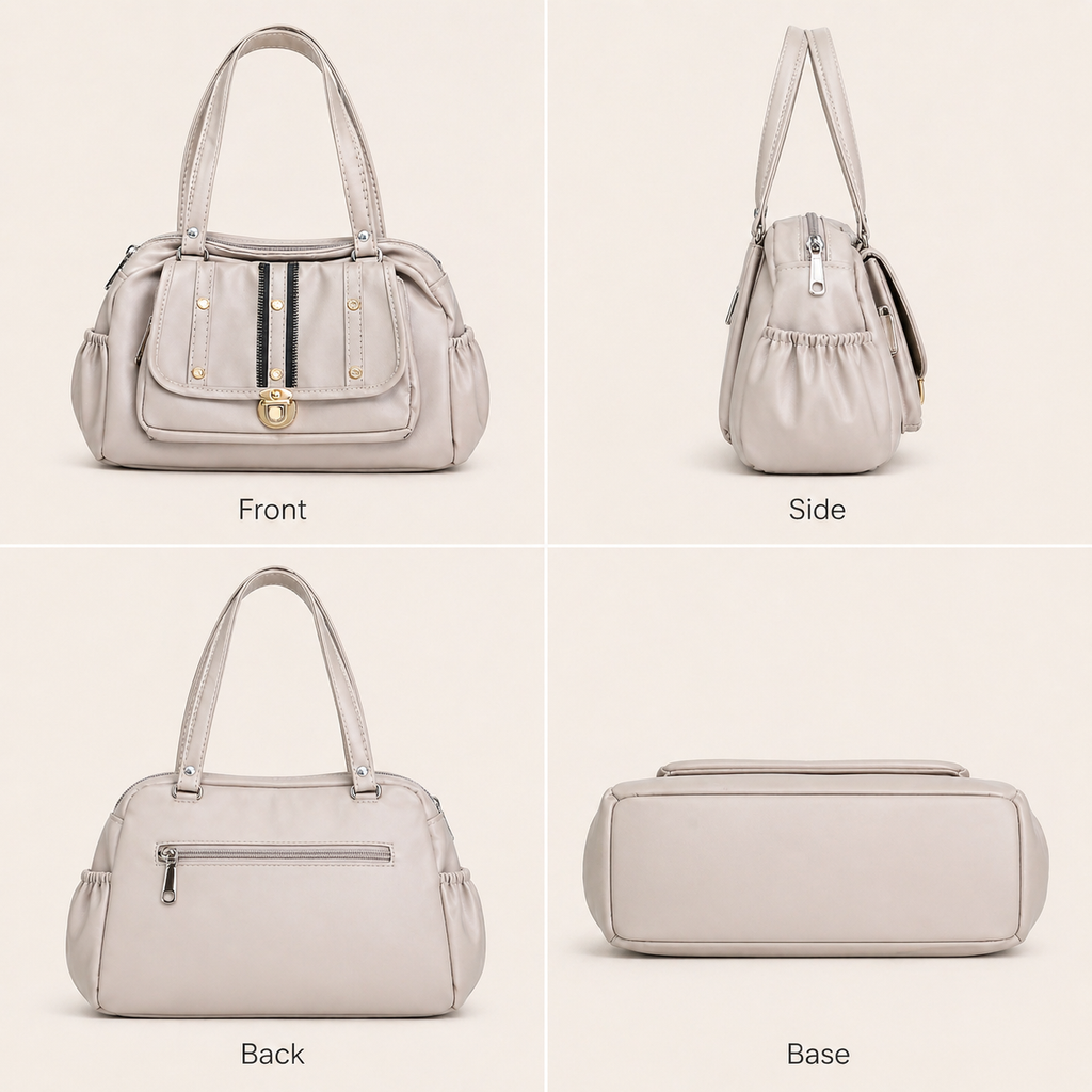 Women's Handbag, Champagne Beige, Soft Leatherette, Multiple Pockets, Stylish Satchel for Office, Travel & Casual Use