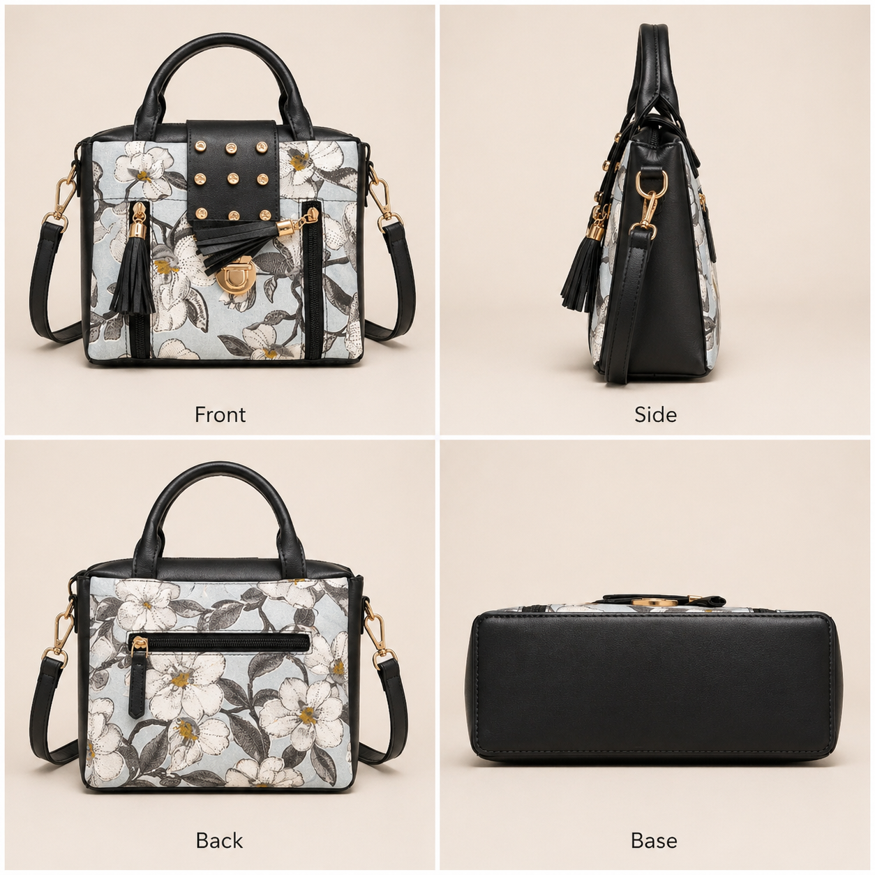 Floral Printed Quilted Leatherette Handbag, Black & Grey, with Tassel & Stud Embellishment, Crossbody Sling Bag for Office, Party & Daily Use