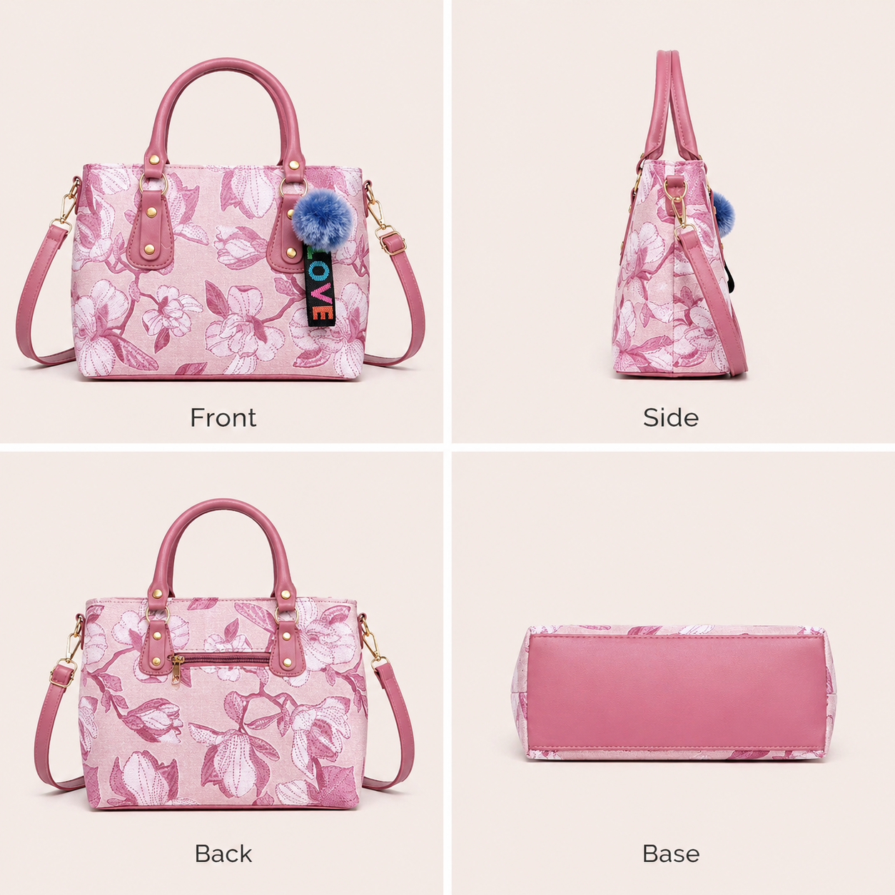 Floral Print Handbag, Pink, Leatherette, Medium, with Pom-Pom Charm, Top Handle Crossbody Purse for Office, Casual & Party Use