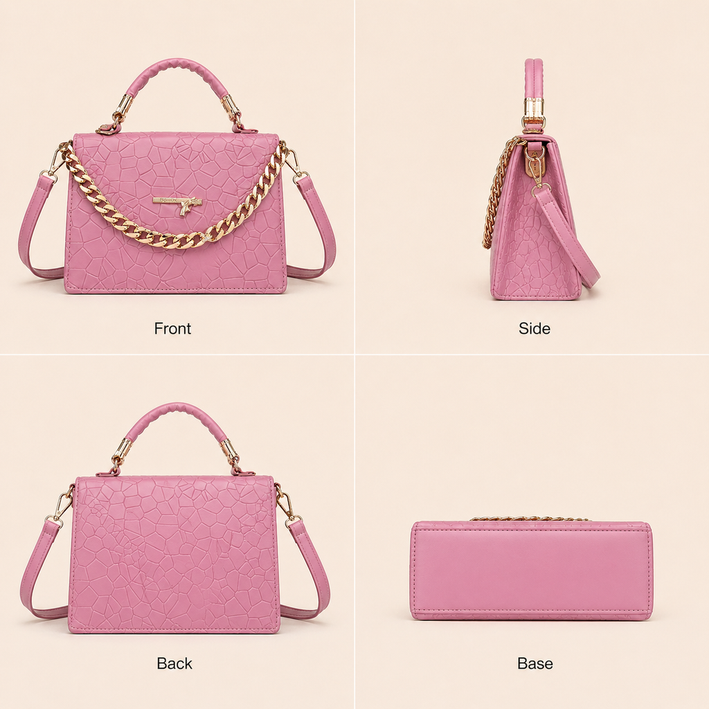 Women's Pink Leatherette Handbag with Gold Chain, Top Handle Crossbody Sling Bag, Multiple Pockets, Medium