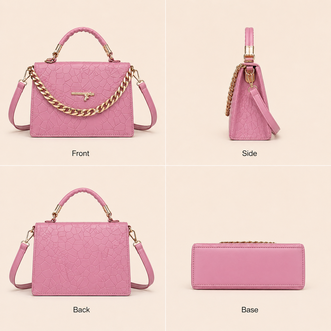 Women's Pink Leatherette Handbag with Gold Chain, Top Handle Crossbody Sling Bag, Multiple Pockets, Medium