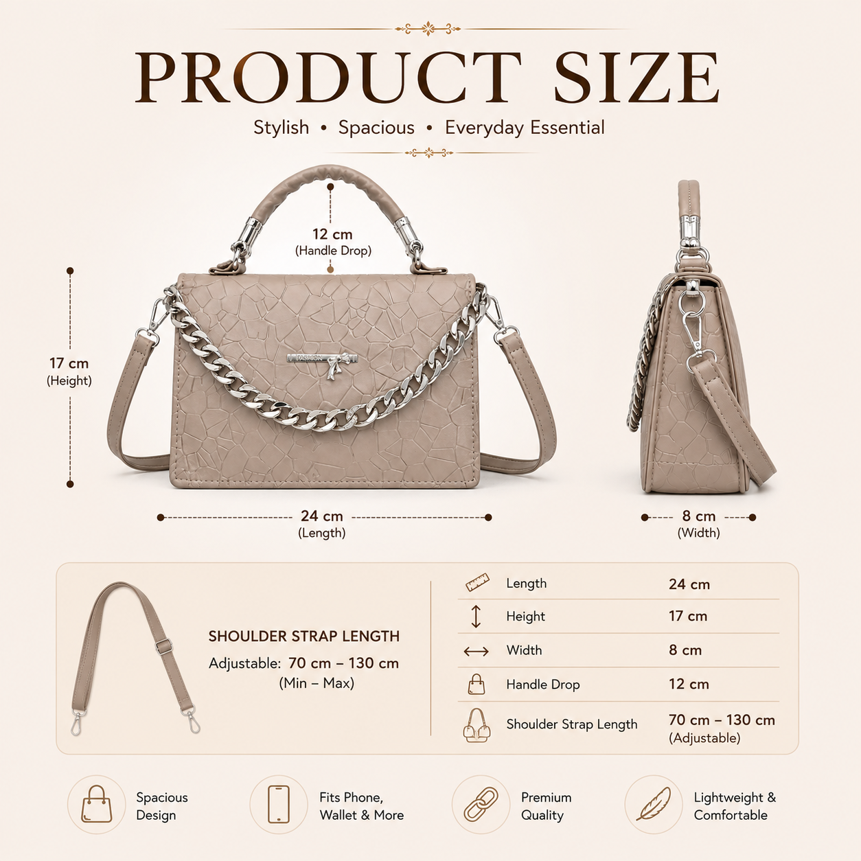 Structured Leatherette Handbag, Champagne Beige, Medium, Chain Strap, Top Handle Crossbody.