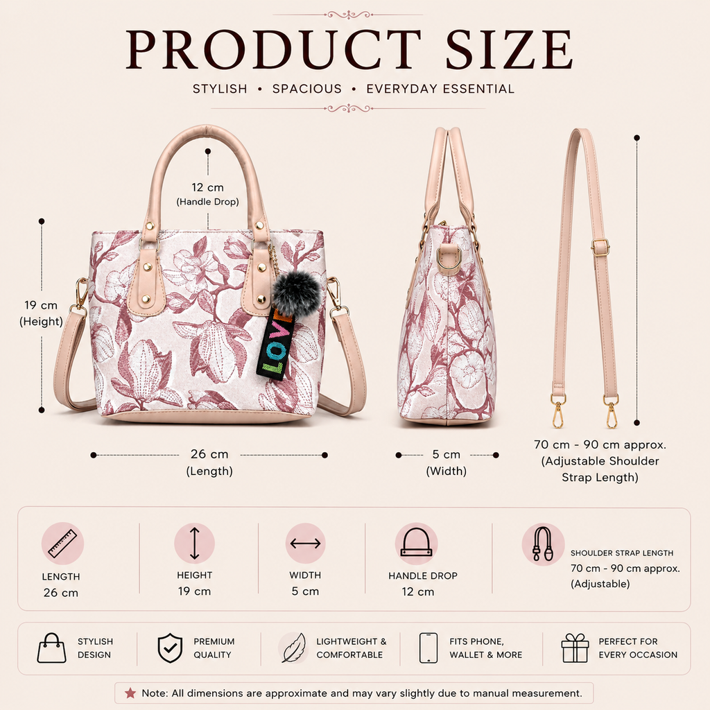 Floral Print Handbag, Pink, Leatherette, Medium, with Sling Strap, Pom-Pom Charm, Multiple Pockets, Casual & Office Use