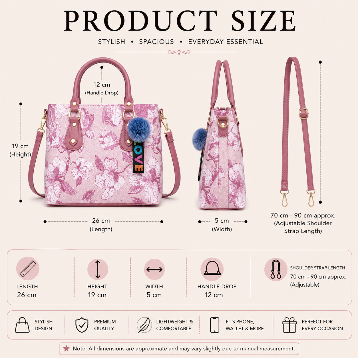 Floral Print Handbag, Pink, Leatherette, Medium, with Pom-Pom Charm, Top Handle Crossbody Purse for Office, Casual & Party Use