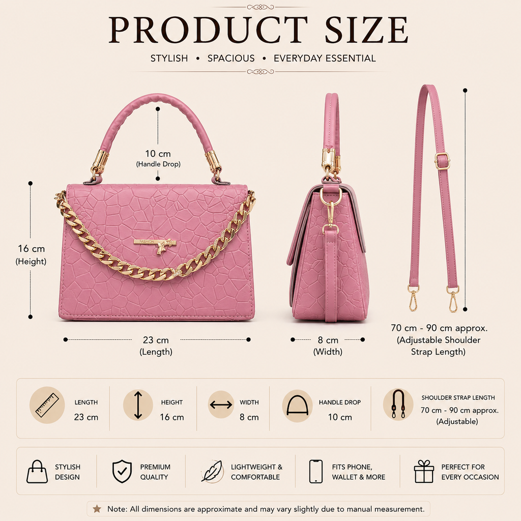 Women's Pink Leatherette Handbag with Gold Chain, Top Handle Crossbody Sling Bag, Multiple Pockets, Medium