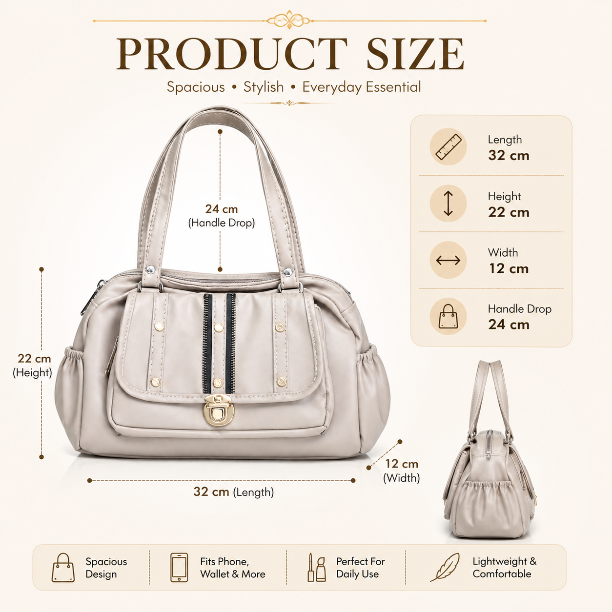 Women's Handbag, Champagne Beige, Soft Leatherette, Multiple Pockets, Stylish Satchel for Office, Travel & Casual Use