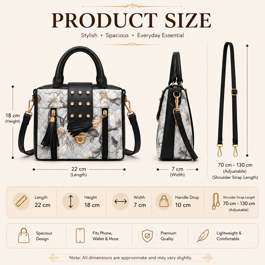 Floral Printed Quilted Leatherette Handbag, Black & Grey, with Tassel & Stud Embellishment, Crossbody Sling Bag for Office, Party & Daily Use