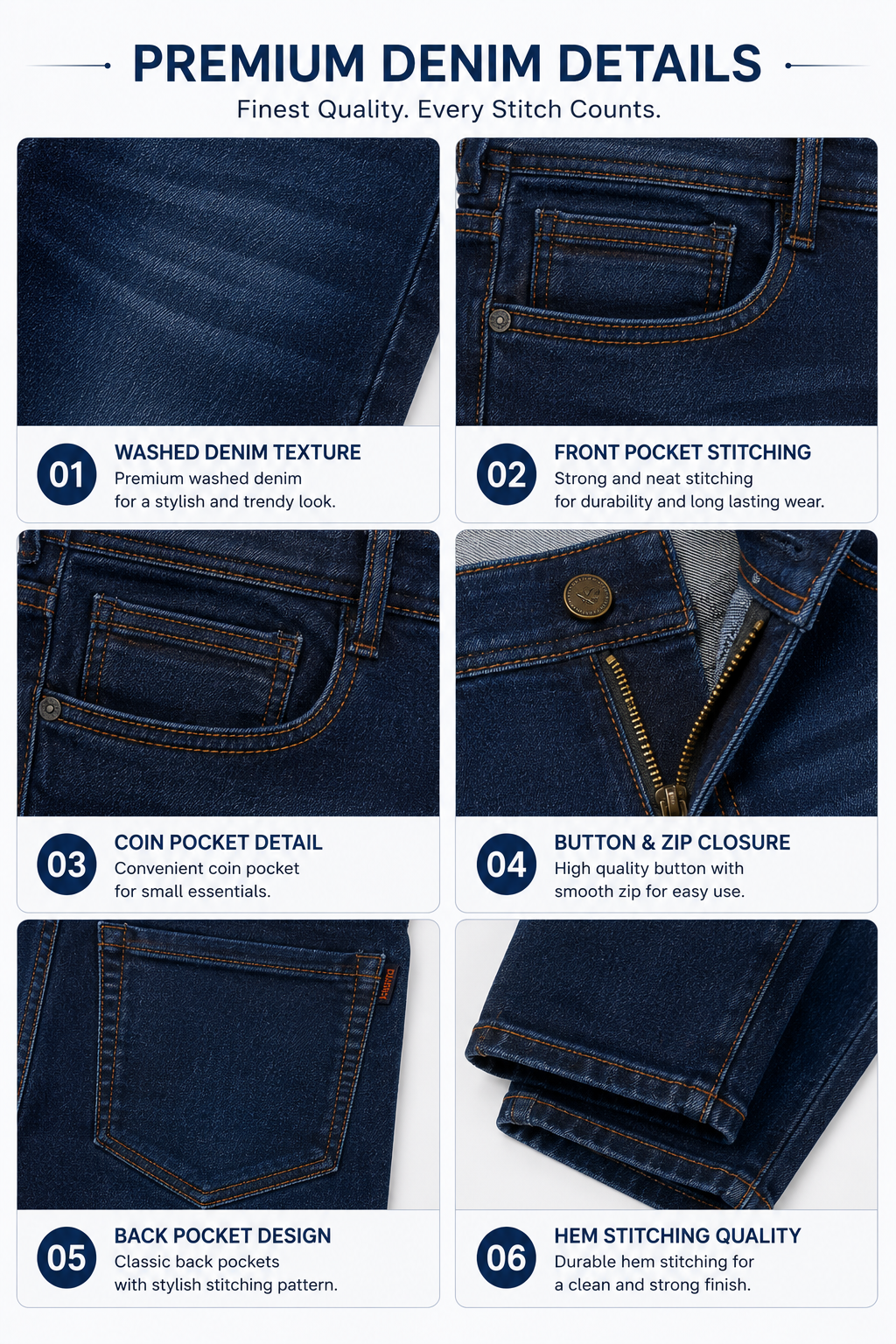 Men’s Slim Fit Jeans | Dark Blue Stretch Denim | Mid Rise Jeans for Men | Casual Everyday Wear