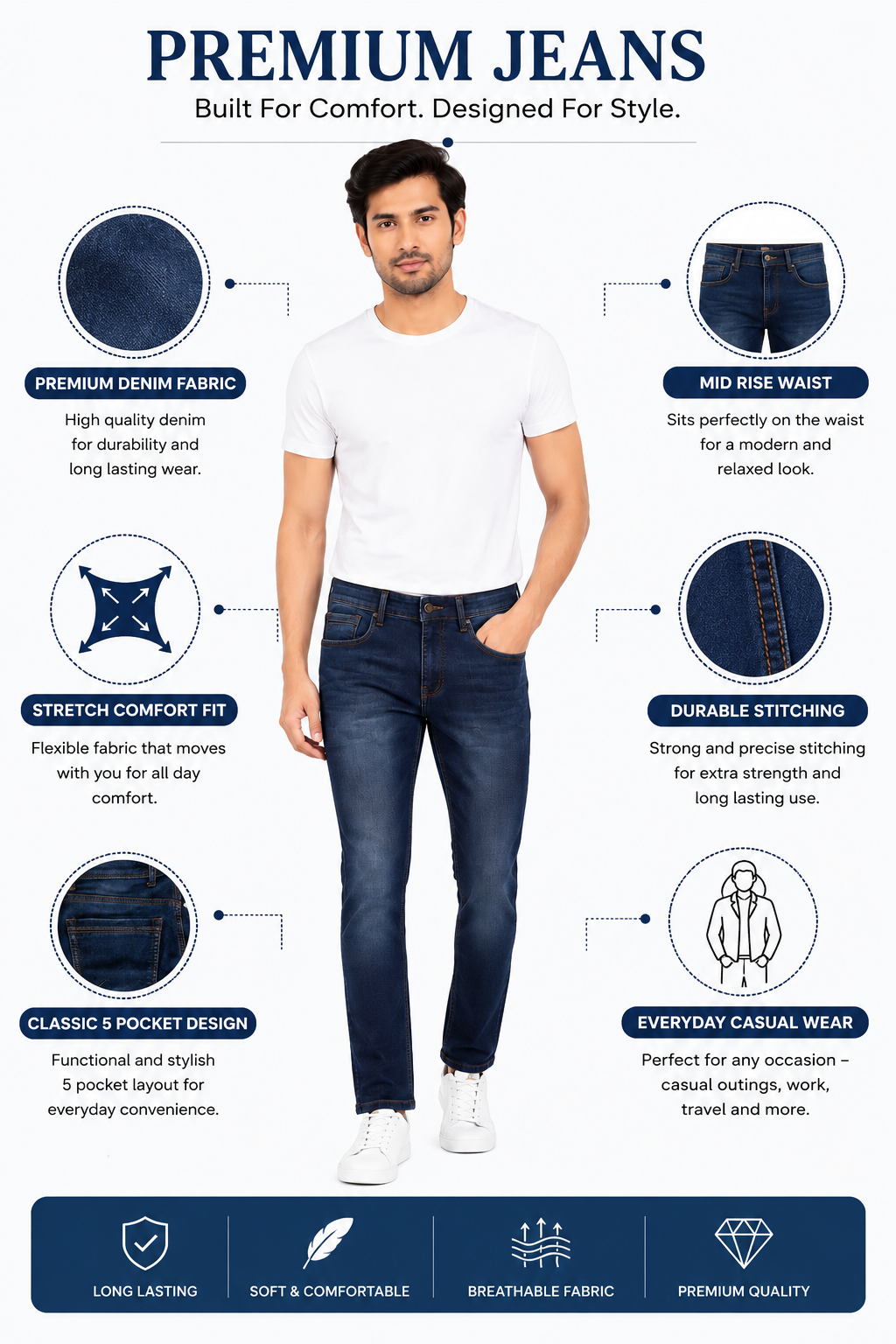 Men’s Slim Fit Jeans | Dark Blue Stretch Denim | Mid Rise Jeans for Men | Casual Everyday Wear