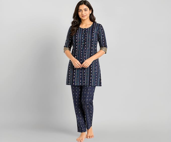 Women’s Cotton Printed Kurti | Navy Blue Floral Kurta Pant Set for Women | 3/4 Sleeve Knee Length Casual Daily Wear | Regular Fit |