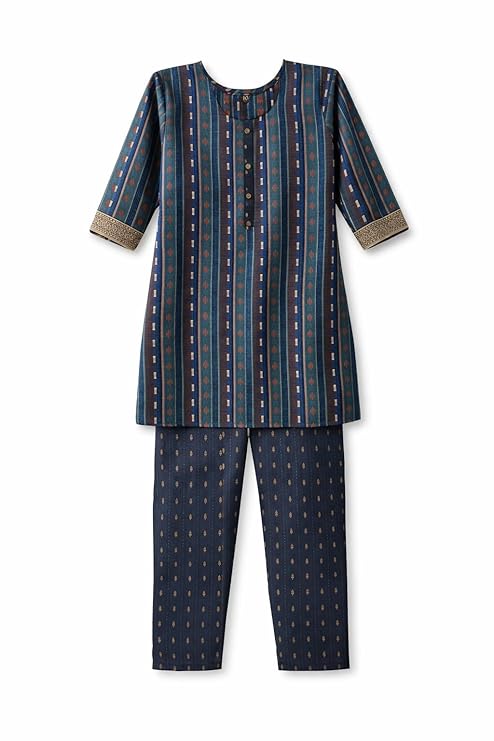 Women’s Cotton Printed Kurti | Navy Blue Floral Kurta Pant Set for Women | 3/4 Sleeve Knee Length Casual Daily Wear | Regular Fit |