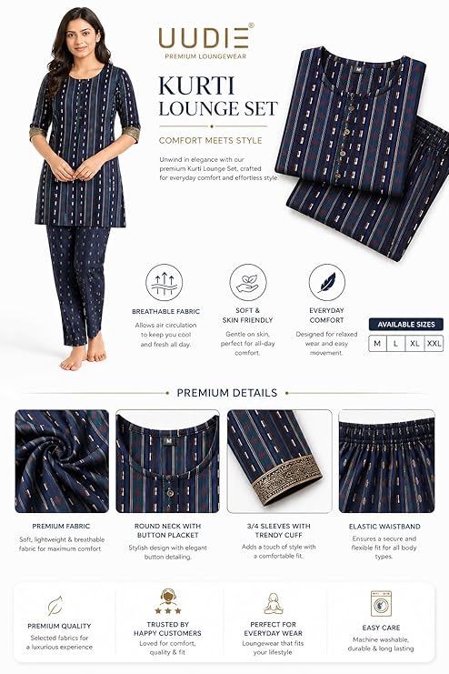 Women’s Cotton Printed Kurti | Navy Blue Floral Kurta Pant Set for Women | 3/4 Sleeve Knee Length Casual Daily Wear | Regular Fit |