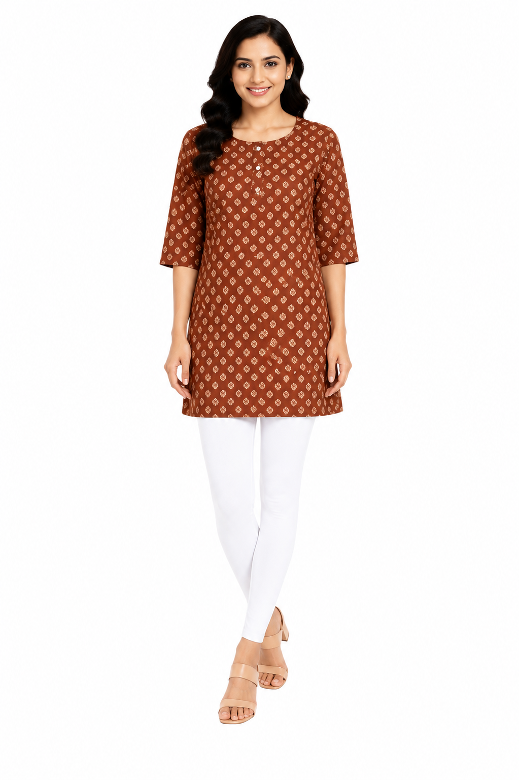Women’s Floral Printed Crepe Kurti | 3/4 Sleeve | Knee Length Straight Kurta for Women | Casual Office Wear | L