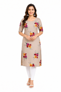 Women’s Floral Printed Poly Crepe Kurti | Knee Length Round Neck Short Sleeve Casual Wear Kurti | M Size Beige