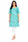 Women’s Parrot Green Printed Kurti | Poly Crepe | 3/4 Sleeve | Knee Length Casual Kurta for Women | Floral Design | XL
