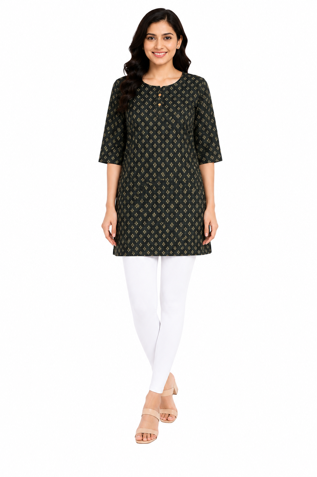 Women’s Floral Printed Crepe Kurti | 3/4 Sleeve | Knee Length Straight Kurta for Women | Casual Office Wear | L