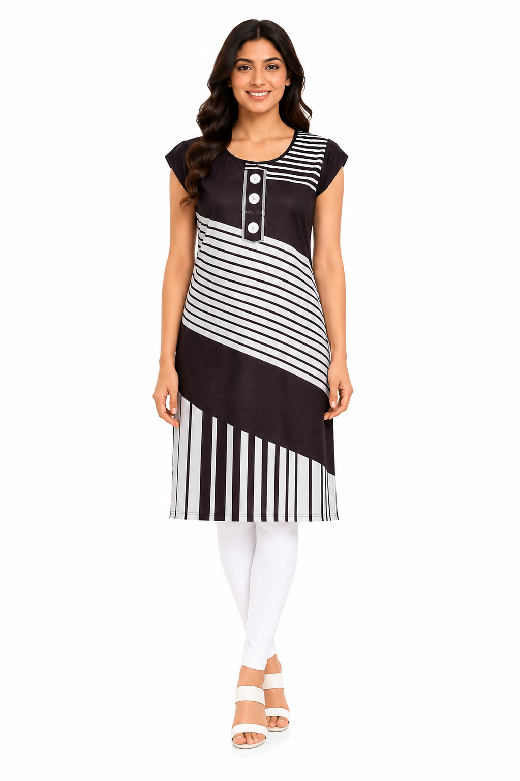 Women’s Printed Poly Crepe Kurti | Diagonal Stripe Design | Round Neck | Knee Length Kurta for Women | Cap Sleeve Casual & Office Wear | Regular Fit | L & XL