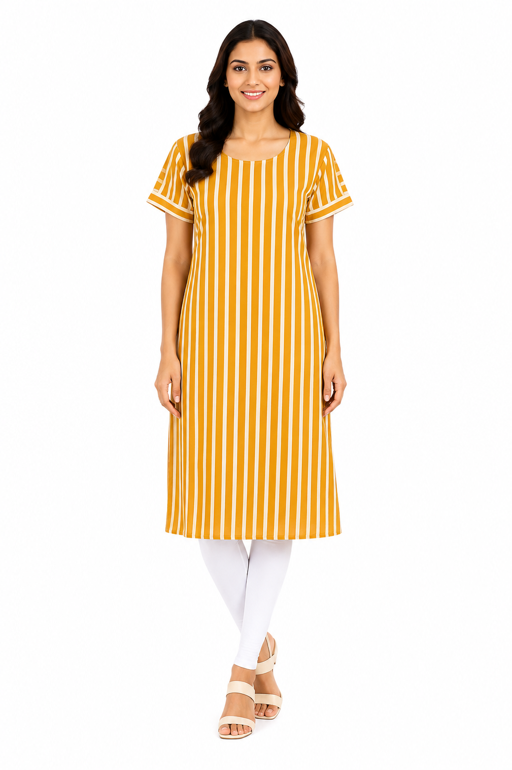 Women’s Mustard Yellow Printed Kurti | Poly Crepe | Knee Length Kurta for Women | Round Neck Short Sleeve Casual Regular Fit | M