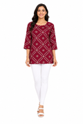 Women’s Burgundy Printed Poly Crepe Kurti | Knee Length Kurta for Women | 3/4 Sleeve Casual & Office Wear | Regular Fit | L