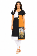 Women’s Printed Poly Crepe Kurti | Round Neck Short Sleeve Knee Length Casual Wear Kurti in M Size Black