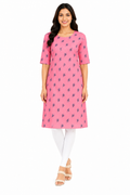 Women’s Printed Poly Crepe Kurti | Knee Length 3/4 Sleeve Casual Office Wear Kurti | XXL Size Pink