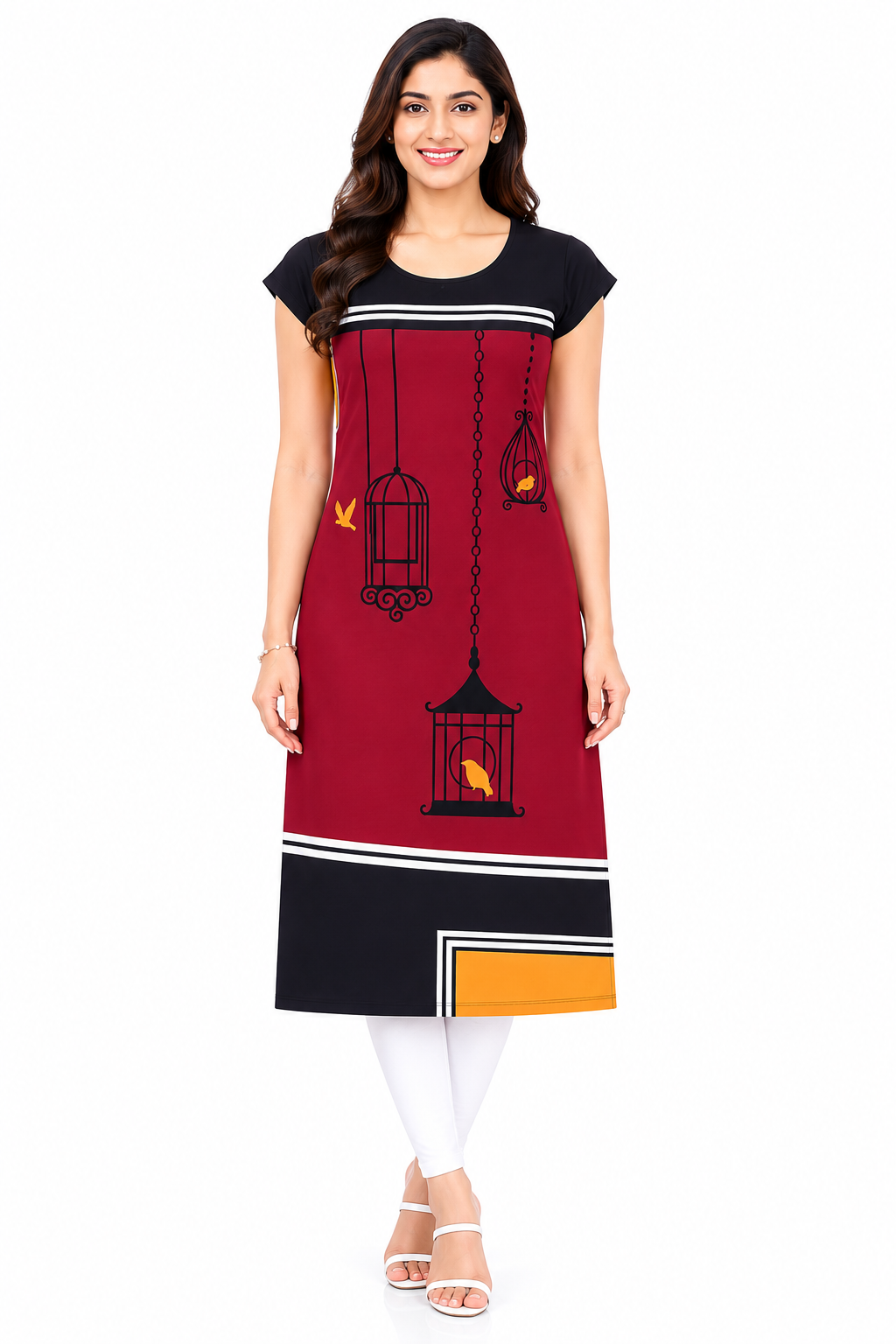 Women’s Burgundy & Black Printed Kurti | Poly Crepe | Knee Length Kurta for Women | Round Neck Casual & Office Wear | Regular Fit | S & XL