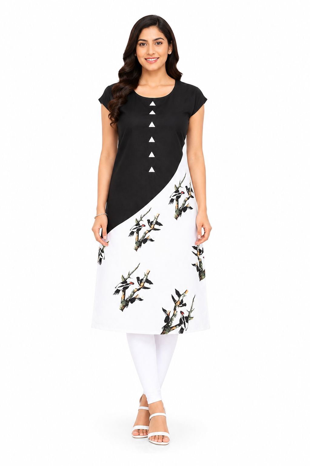 Women’s Black & White Printed Kurti | Poly Crepe | Round Neck | Knee Length Casual Kurta for Women | Bird Print Design | Regular Fit | XL & XXL